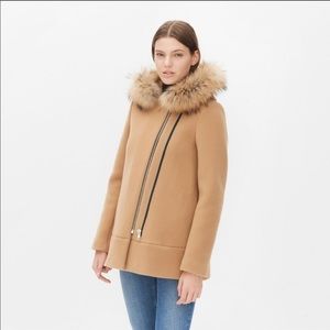 Sandro 100% Virgin Wool Fur Hood Short Coat Camel Beige Nude Tan Neutral Color